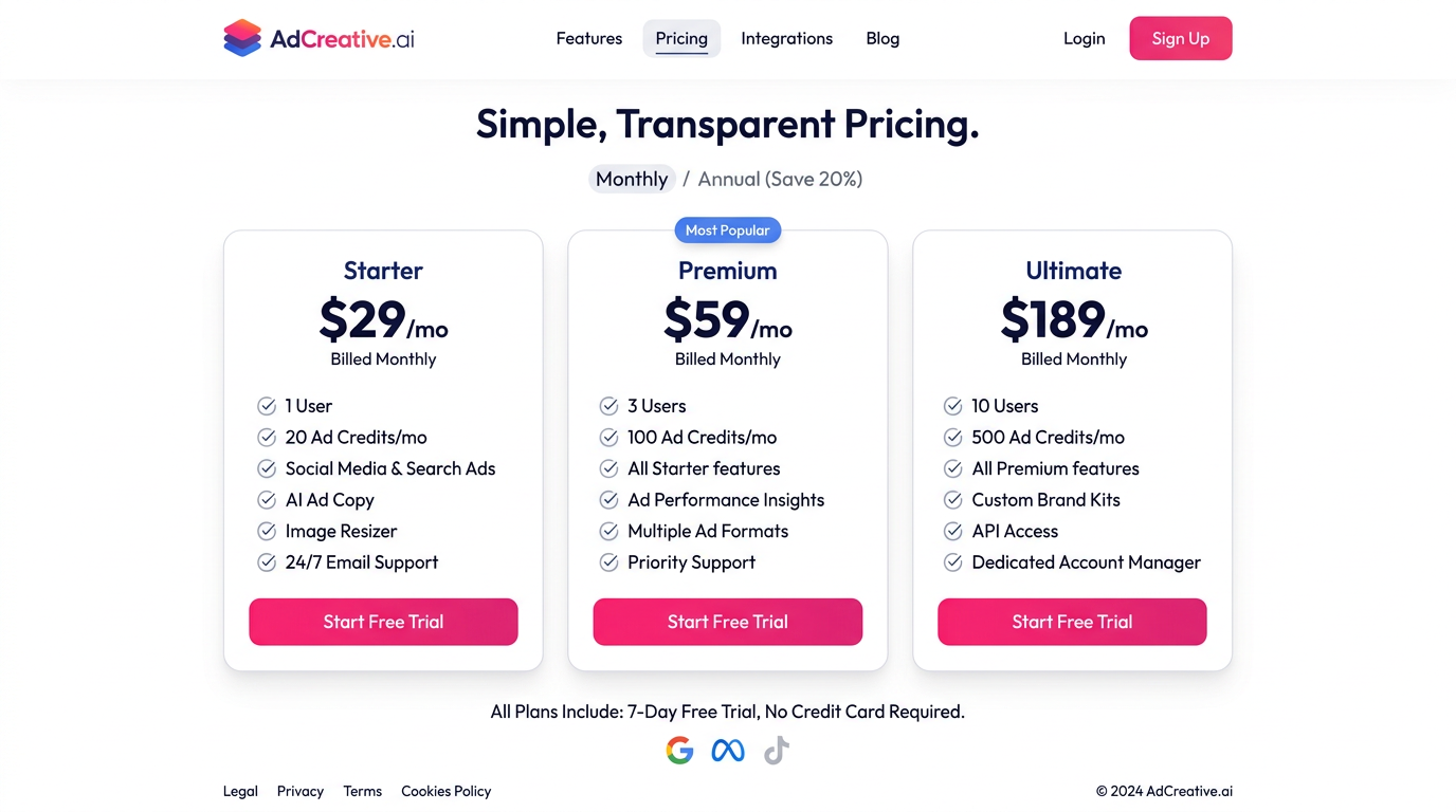 AdCreative.ai pricing tiers — Starter, Premium, and Ultimate plans