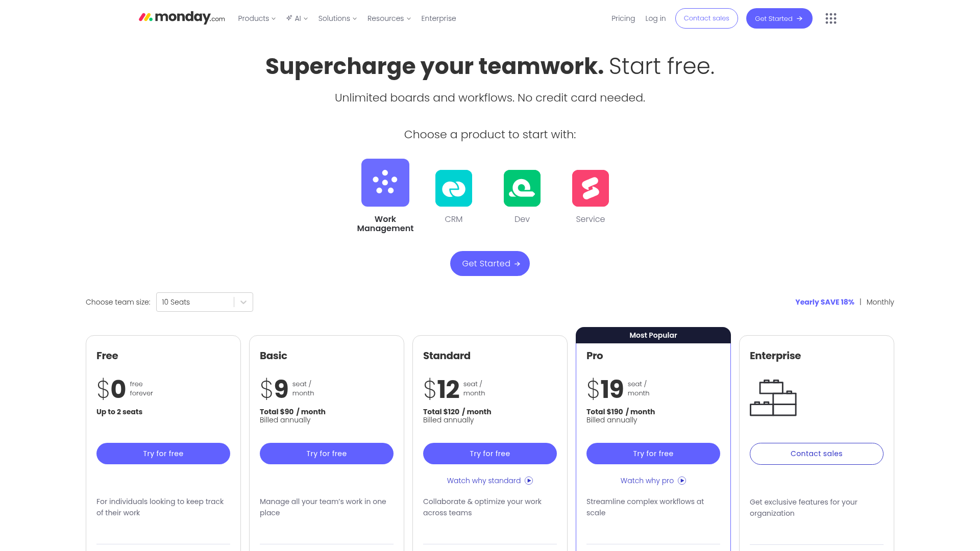Monday.com Work OS pricing page showing Free, Basic, Standard, Pro, and Enterprise tiers