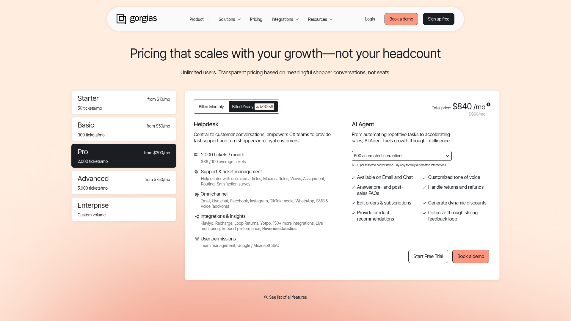 Gorgias pricing tiers screenshot showing Starter, Basic, Pro, Advanced, and Enterprise plans with conversation-based pricing