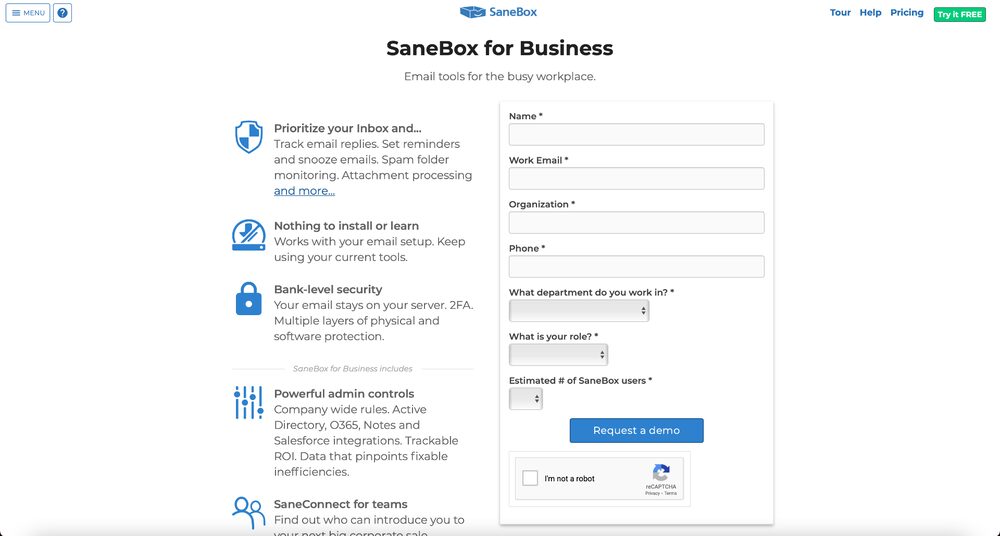 SaneBox for Business with admin controls and team-wide email management