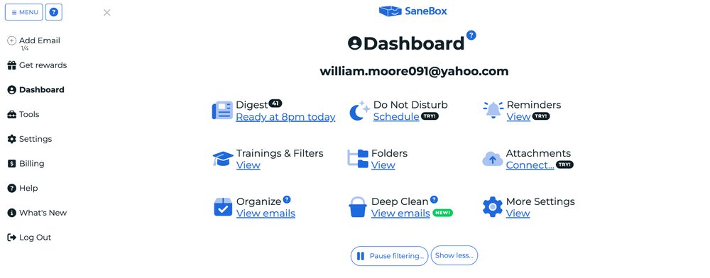 SaneBox Dashboard with Digest, Reminders and Deep Clean controls