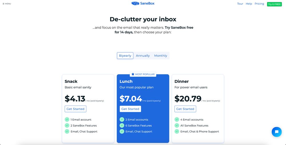 SaneBox pricing plans: Snack, Lunch, and Dinner tiers
